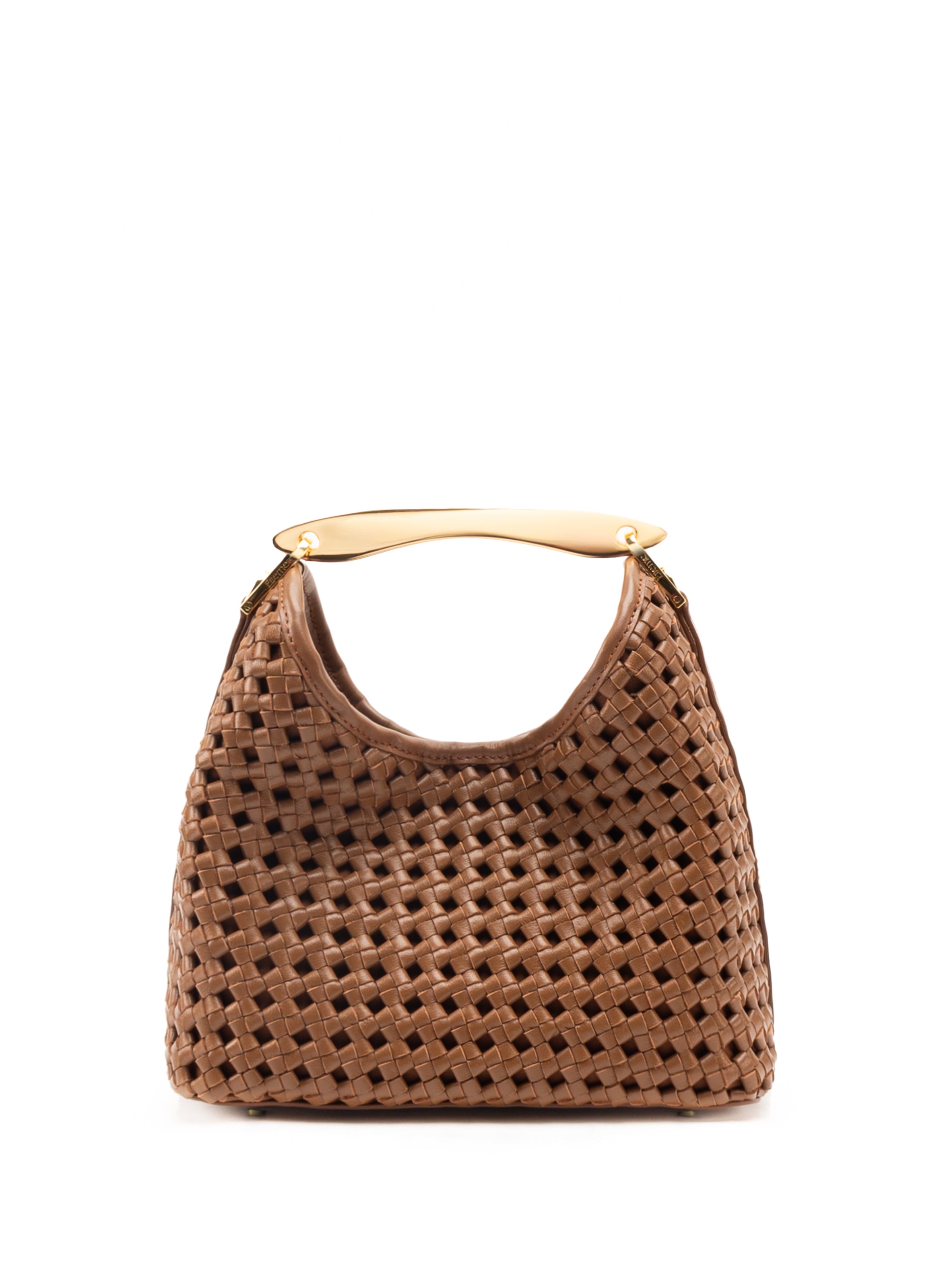 Small Boomerang Woven Leather Cognac