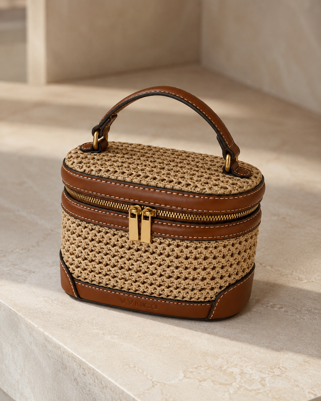 Raffia Leather Vanity Bag