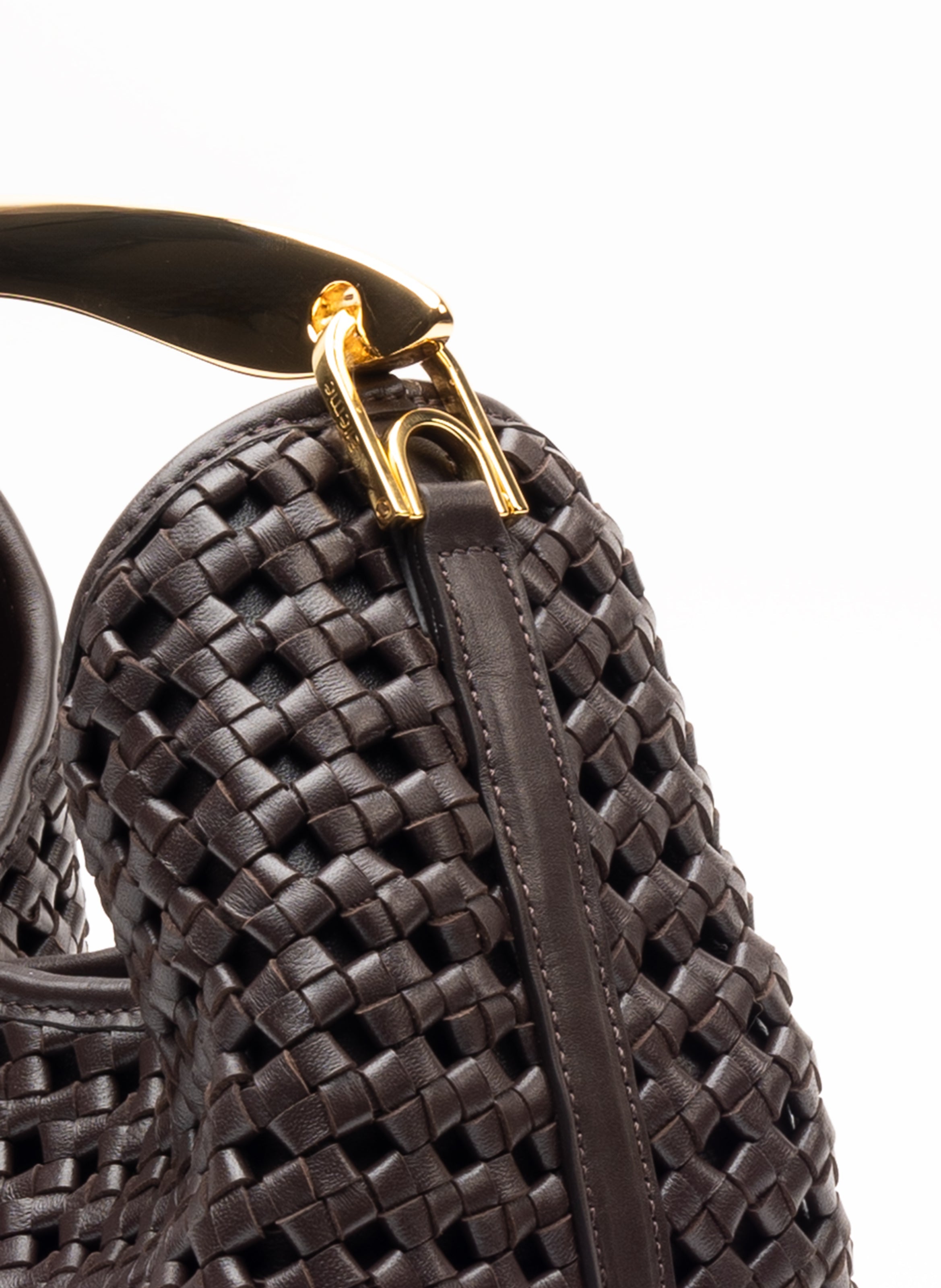 Small Boomerang Woven Leather Dark Brown