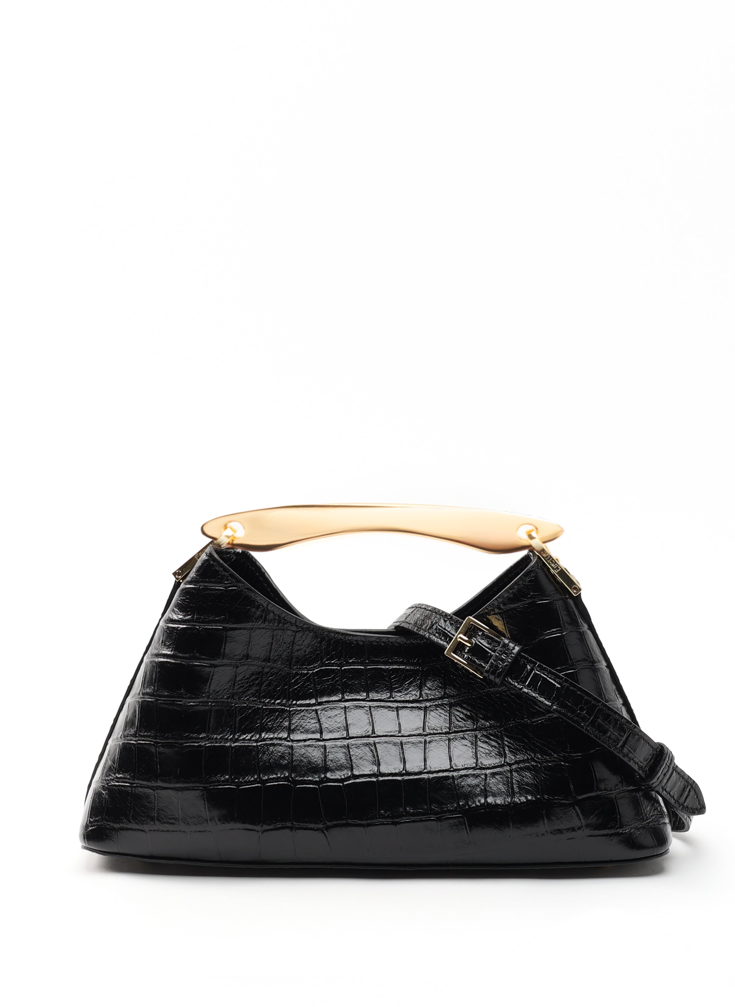 Mini Boomerang Croco Embossed Leather Black