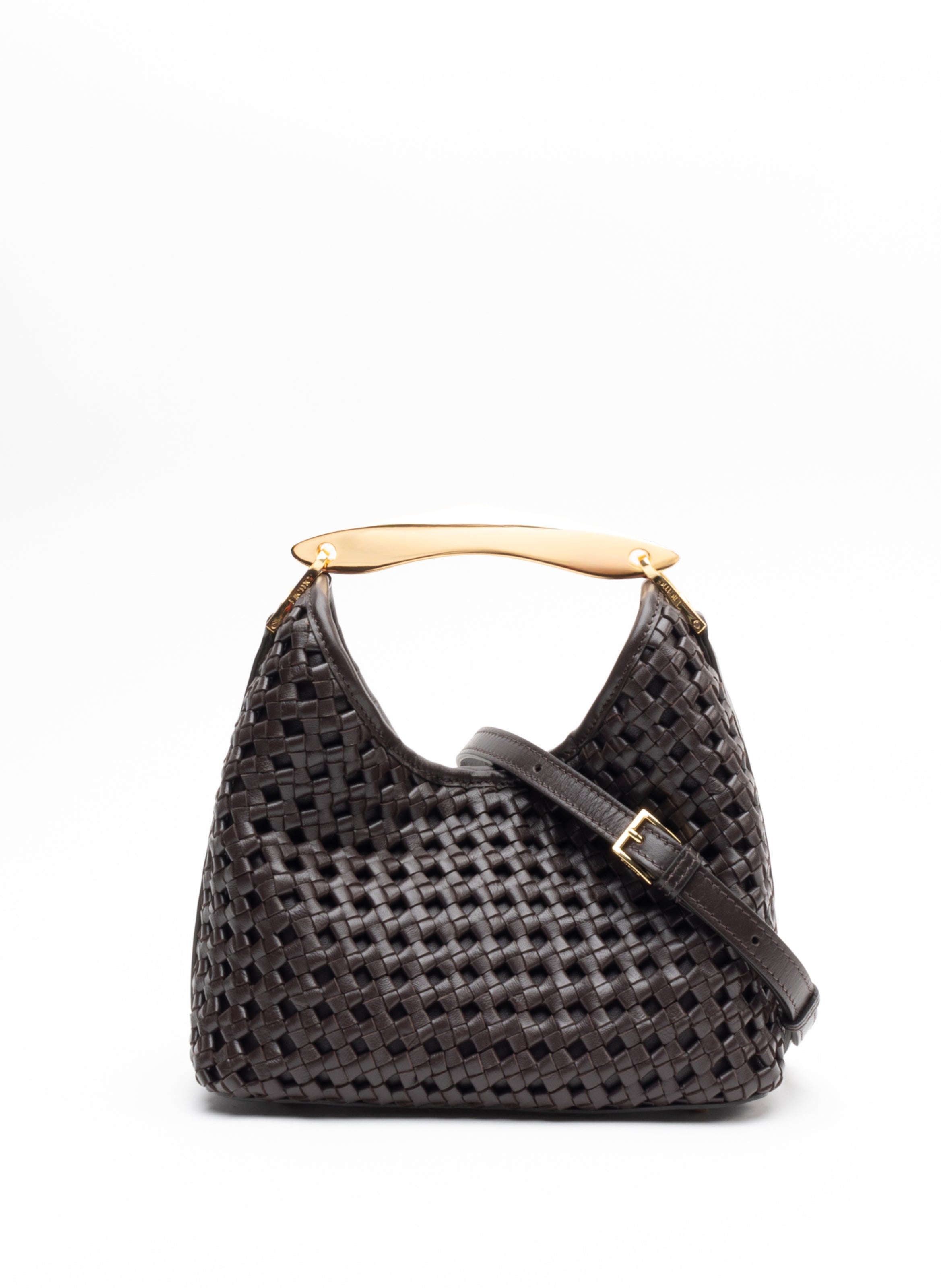 Small Boomerang Woven Leather Dark Brown